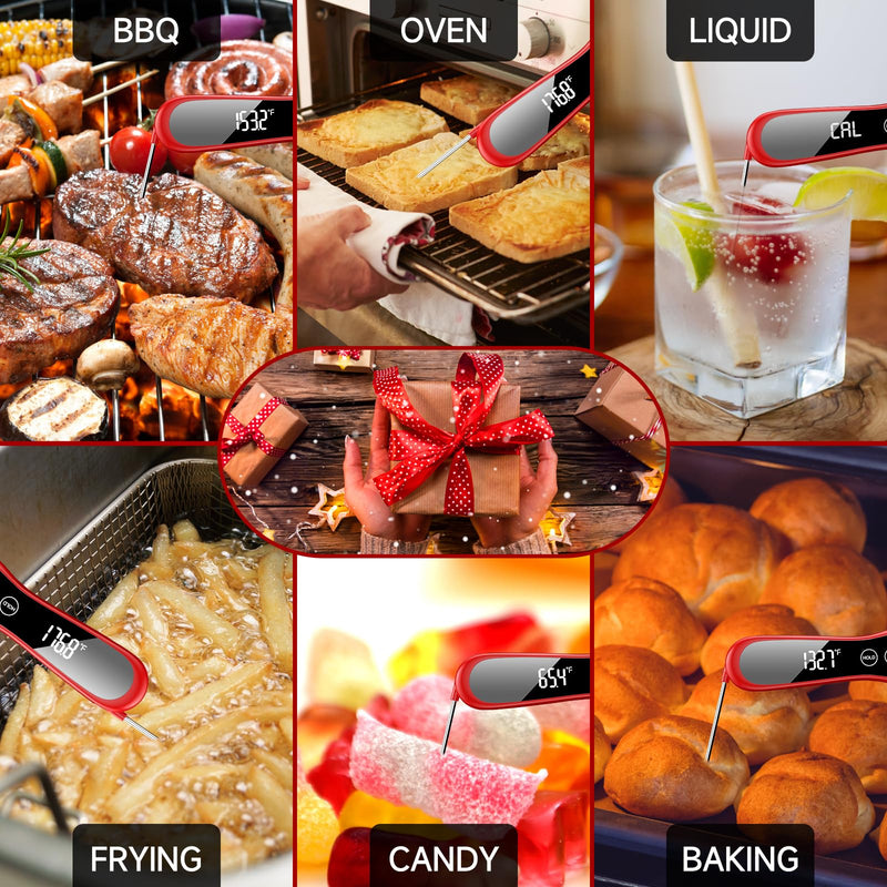 2025 Upgraded Meat Thermometer Digital-1 Second Instant Read Food Thermometer with Large LED Display-IP67 Waterproof Kitchen Thermometer for Grilling and Cooking for Oven, BBQ, Smoker, Candy, Turkey Red