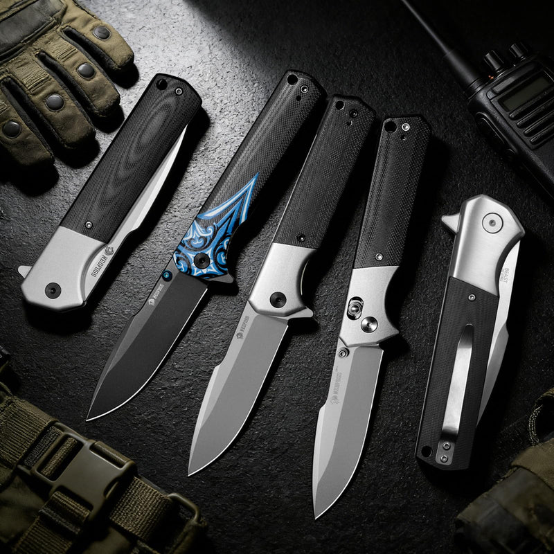 NedFoss Beast Large Pocket Knife for Men, 4" D2 Steel Blade, G10 Handle | Liner Lock, Heavy Duty, 8.25oz, Brass Ball Bearing, Folding Tactical Knife with Clip for Hiking Camping Gifts for Men Women Silver - 4"