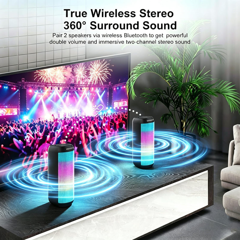 Portable Bluetooth Speaker Powerful HD Loud Sound, LED Lights, IPX4 Wateproof, 24H Playtime, Wireless TWS Pairing, Built-in Mic, for Home/Outdoor/Party, Cool Electronics, Birthday Gifts for Men Women Black
