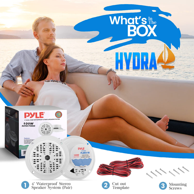 Pyle 4 Inch Dual Marine Speakers - Waterproof and Weather Resistant Outdoor Audio Stereo Sound System with Polypropylene Cone,Cloth Surround and Low Profile Design -1 Pai -PLMR41W (White) One Size