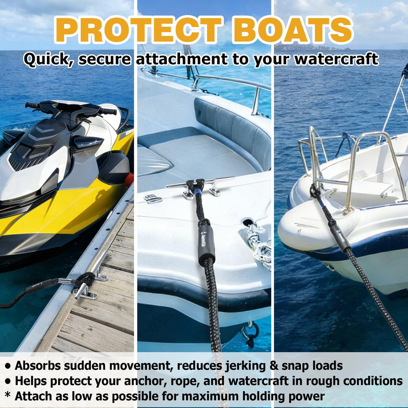 JaunniQir Bungee Dock Lines for Boats 4.3 Feet, 2 Pack Dock Lines with 316 Stainless Clips for PWC, Jet Ski, Kayak, Watercraft, Pontoon, Shock Absorbing Tie Off Downs Boat Mooring Ropes Accessories Black 4-5½ FEET 2 PACK