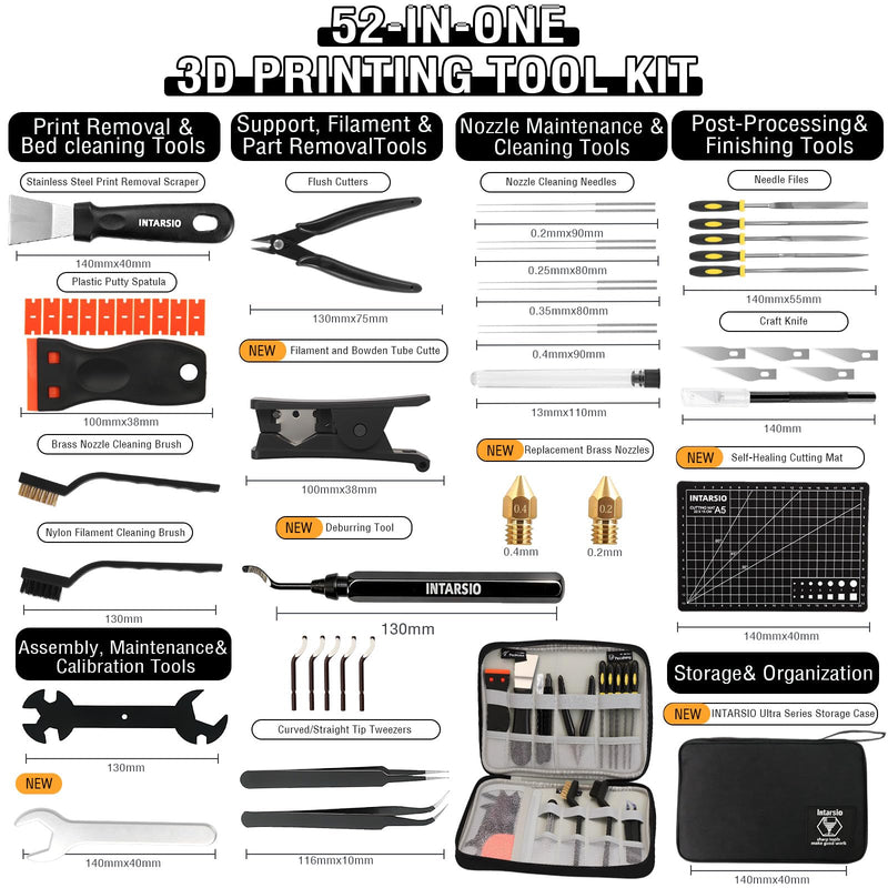 52-in-One 3D Printer Tools Kit, Professional 3D Printer Accessories & Maintenance Set for All FDM/SLA Printers, Deburring Tool, 3D Printer Nozzles, Scrapers, Files Set, PTFE Tube Cutter, Storage Bag Plus-purpose Kit