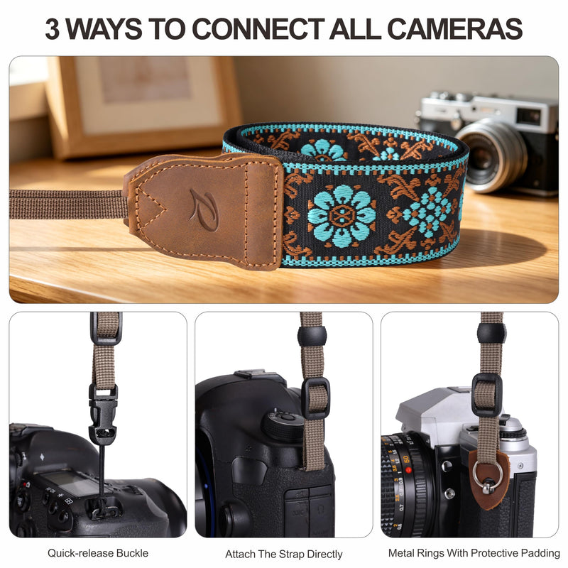 Padwa Lifestyle Camera Strap - 2" Crazy Horse Cowhide Ends Adjustable Camera Straps for Photographers, Soft Fabric Embroidered Cotton Strap Quick Release fits All Cameras(Blue Flower) B# - Blue Flower Embroidery 2 inch Wide / Adjustable 34~57 inch