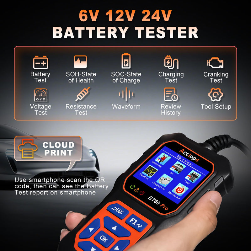  [AUSTRALIA] - BT60 Pro Acclope Car Battery Tester with Cloud Printing 100-3000 CCA 6V 12V 24V AGM Lithium Gel Battery Checker Automotive Alternator Digital Analyzer Charging Cranking System Vehicles Truck Home-use