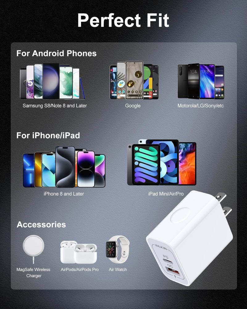 USB-C Charger Block 20W Dual Port with USB-A and USB-C, 2 Pack | Fast Charging Box, Dual Port Phone Plug, Multi Pack, 20W Power Adapter, USBA & USBC Cube Wall Outlet for Apple iPhone Android USB A & USB C