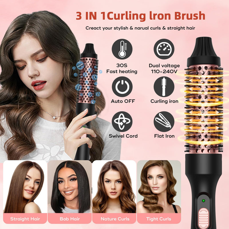 UKLISS Thermal Brush 32mm Heated Round Brush 3 in 1 Heated Curling Brush | to Increase Hair Volume, Make Hair Smoother & Shinier & Loose Curls, Beginner-Friendly, Double Voltage (Black Rose) Elegant Black