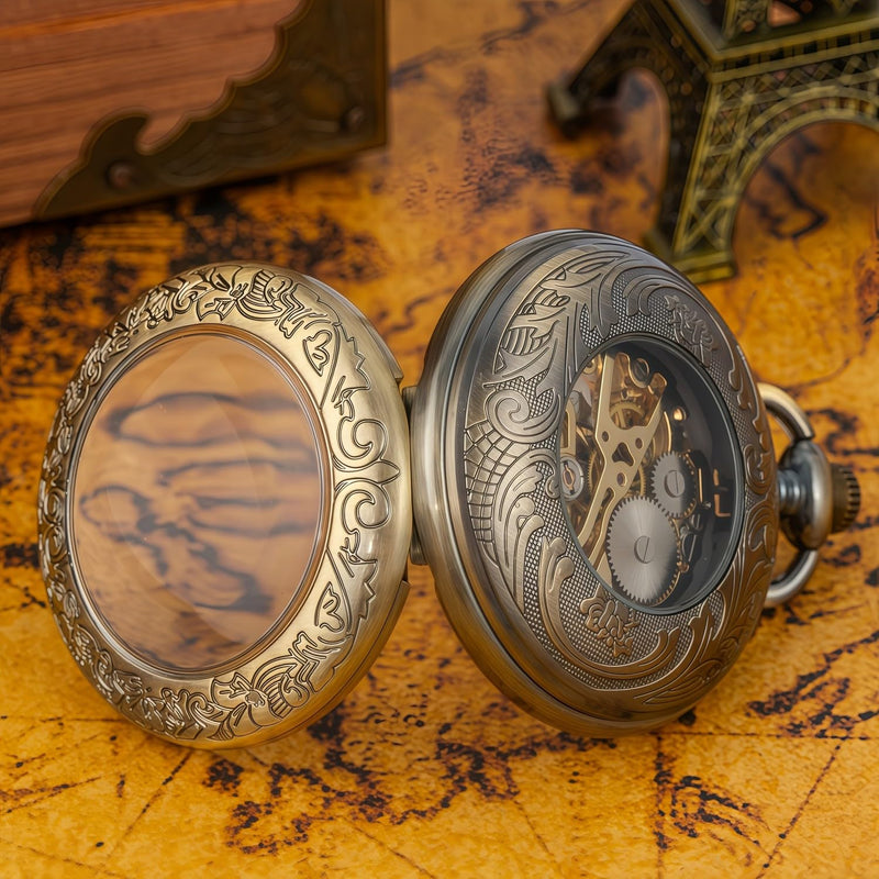 Mechanical Pocket Watch, for Men Women Special Magnifier Half Hunter Engraved Case Roman Numerals with Chain B-a. Compass, Bronze, Gold