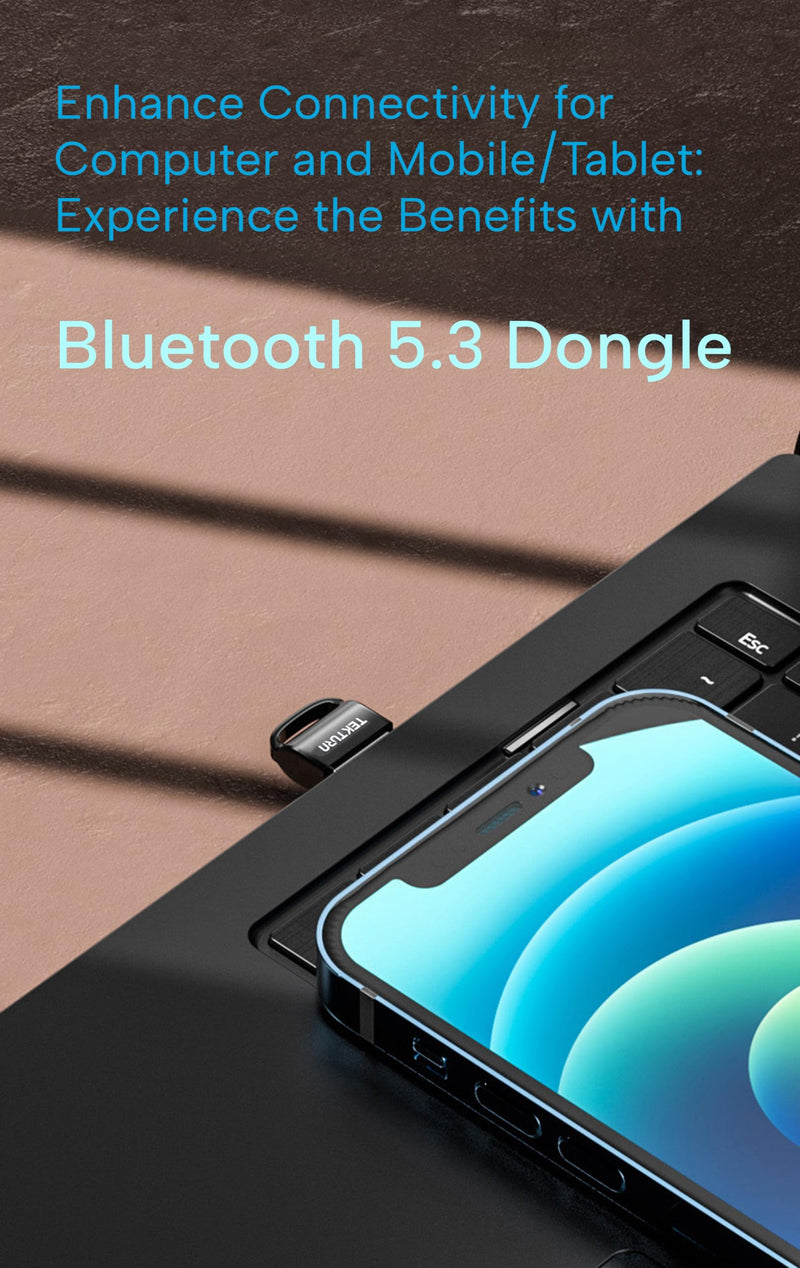 USB Bluetooth 5.3 Adapter: Plug-and-Play, Nano Design, EDR & BLE, Compatible with Windows 11/10/8.1/7, Desktop, Laptop, Supports Headphones, Keyboard, Mouse, Speakers, Printer