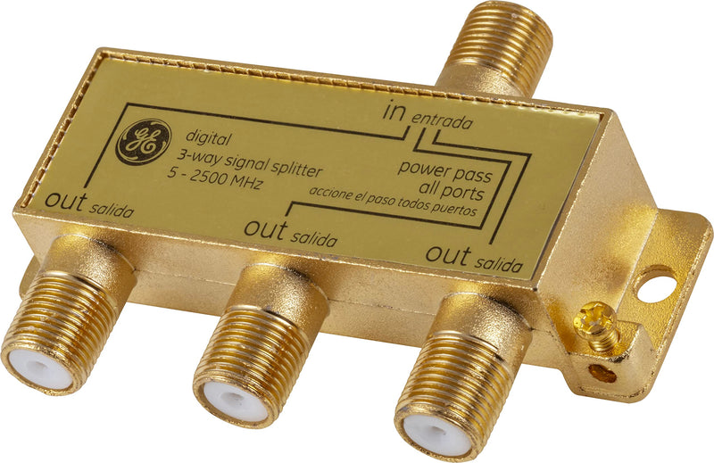 GE Digital 3-Way Coaxial Cable Splitter, 2.5 GHz 5-2500 MHz, RG6 Compatible, HD TV, Satellite, High Speed Internet, Amplifier, Antenna, Gold Plated Connectors, Corrosion Resistant, 73756 1 Pack