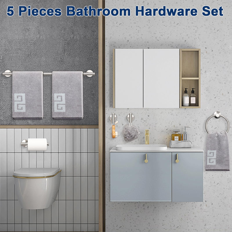 NearMoon 5 Pieces Bathroom Hardware Set SUS304 Thicken Stainless Steel-Towel Rack Kit Include 24" Towel Rod +Bath Towel Ring +Toilet Paper Holder +2 Robe Towel Hooks Bath Accessories (Nickel) Brushed Nickel Towel Bar Set (5 Piece)
