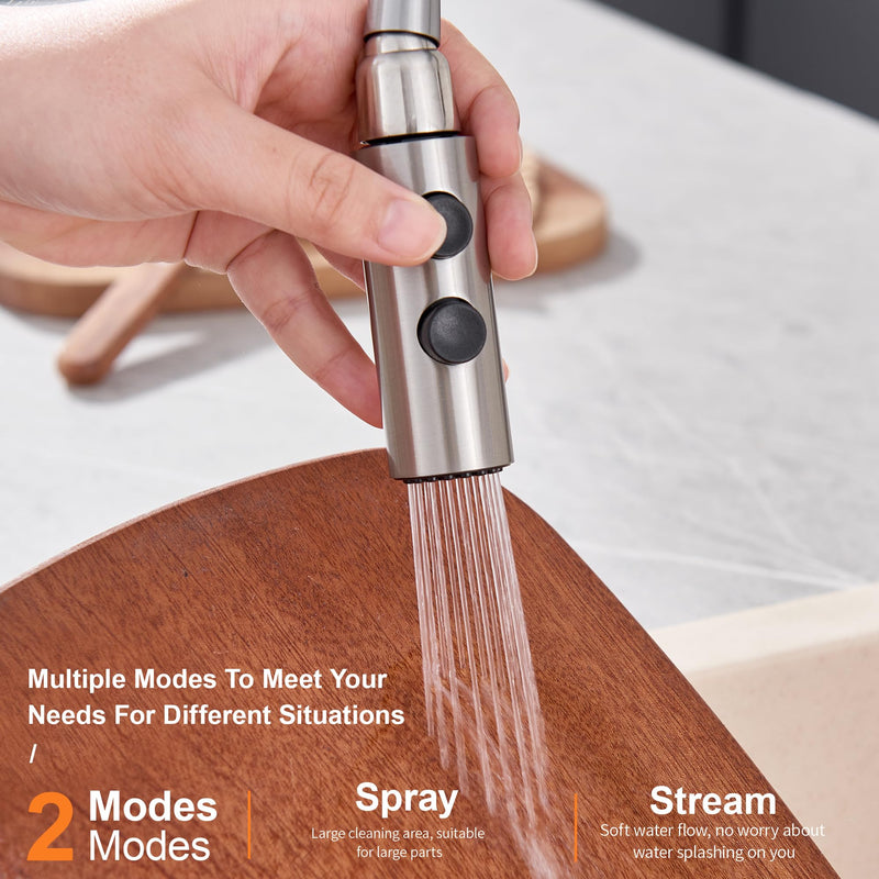 TIORIY Metal Kitchen Faucet Head Replacement, Pull Down Spray Head with 15 Adapters, 2 Function Kitchen Sink Spray Nozzle, Stainless Steel, Brushed Nickel