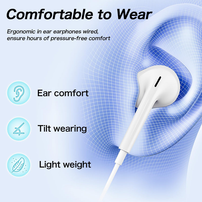 USB C Headphones Wired for iPhone 17 16 15 Pixel Galaxy | Wired USB C earphones, Plug and play, Microphone and Volume Control, Music/Call/Meeting/Jogging/Leisure/Commute WHITE