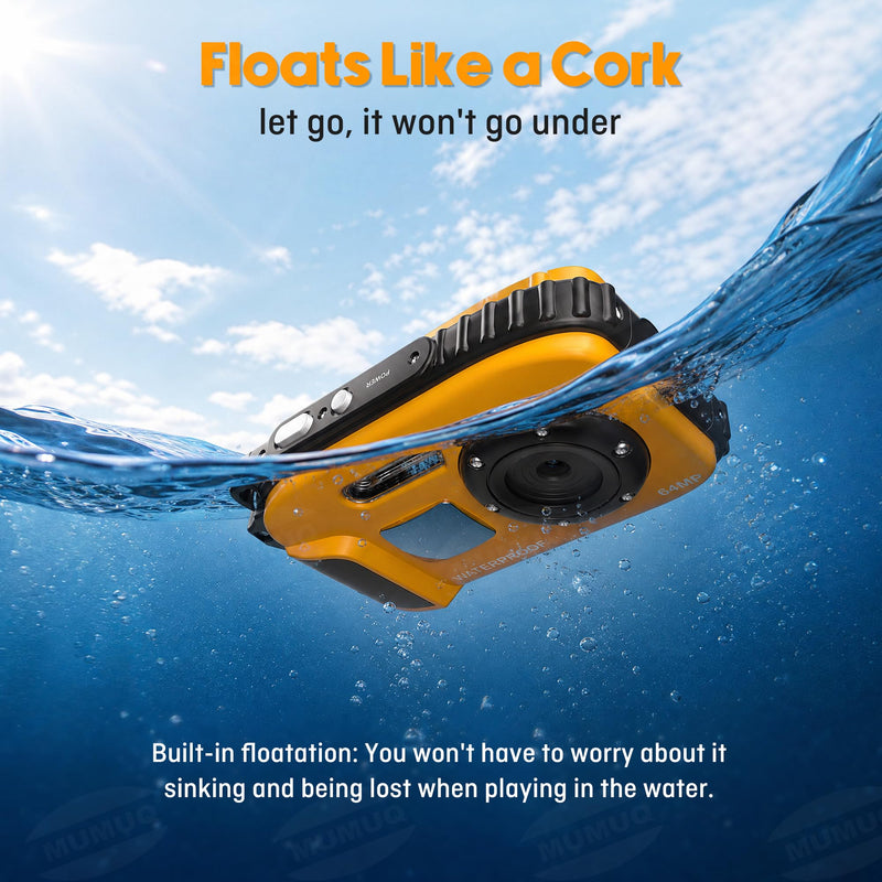 Floating Underwater Camera for Kids, Waterproof Camera with 32GB SD Card | IP68 48MP 4K Portable Snorkeling Camera for Pool Beach, Lightweight Rechargeable Floating Action Camera, Yellow