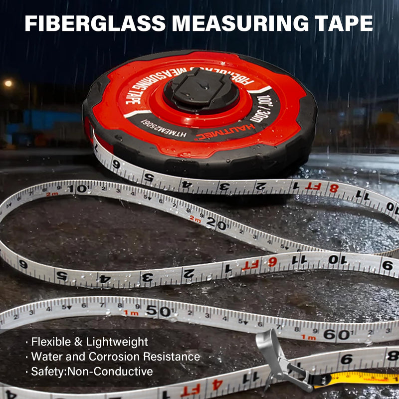 HAUTMEC 100ft/30m Tape Measure Long Measuring Tape Flexible PVC Fiberglass Dual Inch/Metric, Closed Reel Measure Tape, for Land Yard Distance Measurement, and Construction 25061