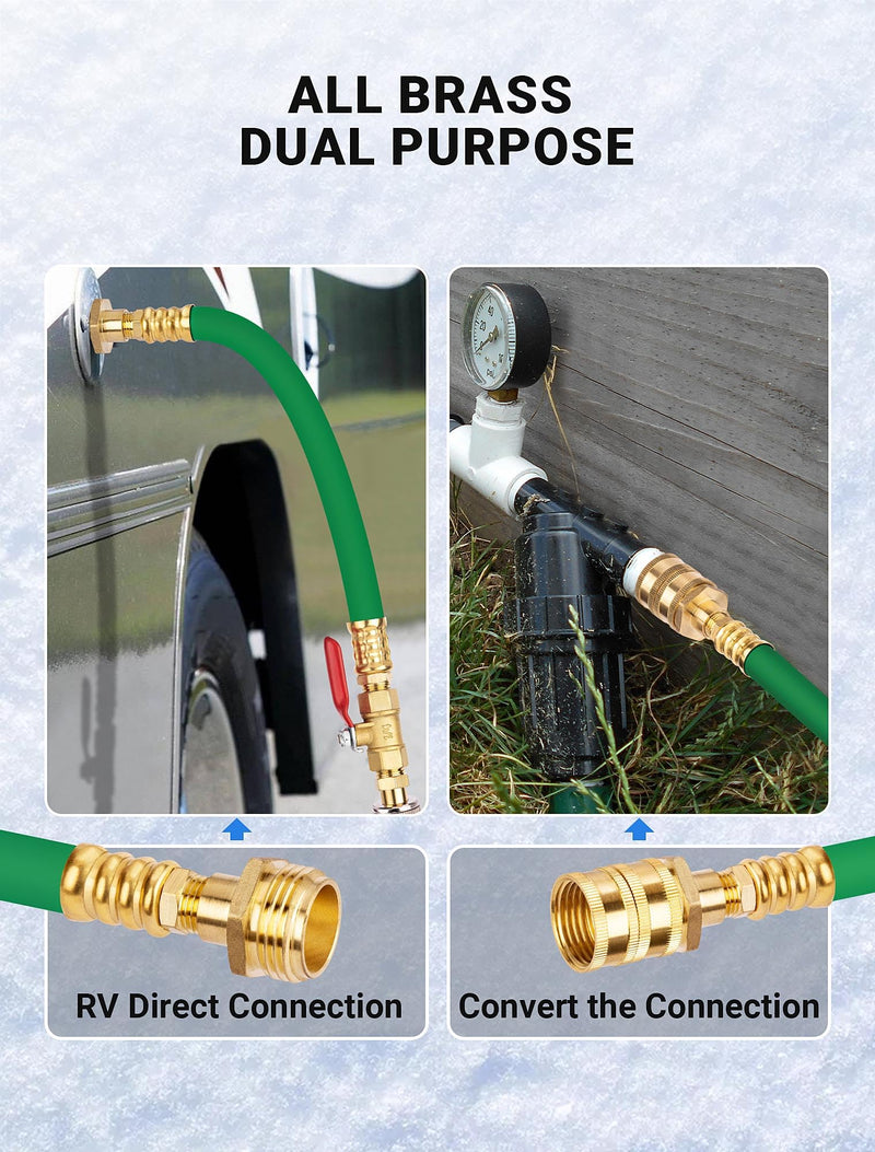 Brass RV Winterizing Kit with Schrader Valve Blow Out Plug, 17 Inch Garden Hose with 3/4" GHT Adaptor & 1/4" NPT Quick Connect Plug, Sprinkler Blowout Adapter for Camper, Travel Trailer