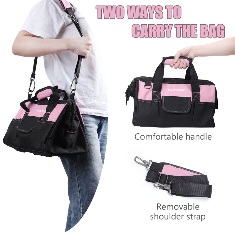 FASTPRO 14-Inch Pink Tool Bag for Women, Zip-top Wide Mouth Open Tool Organizer, with Adjustable Shoulder Strap