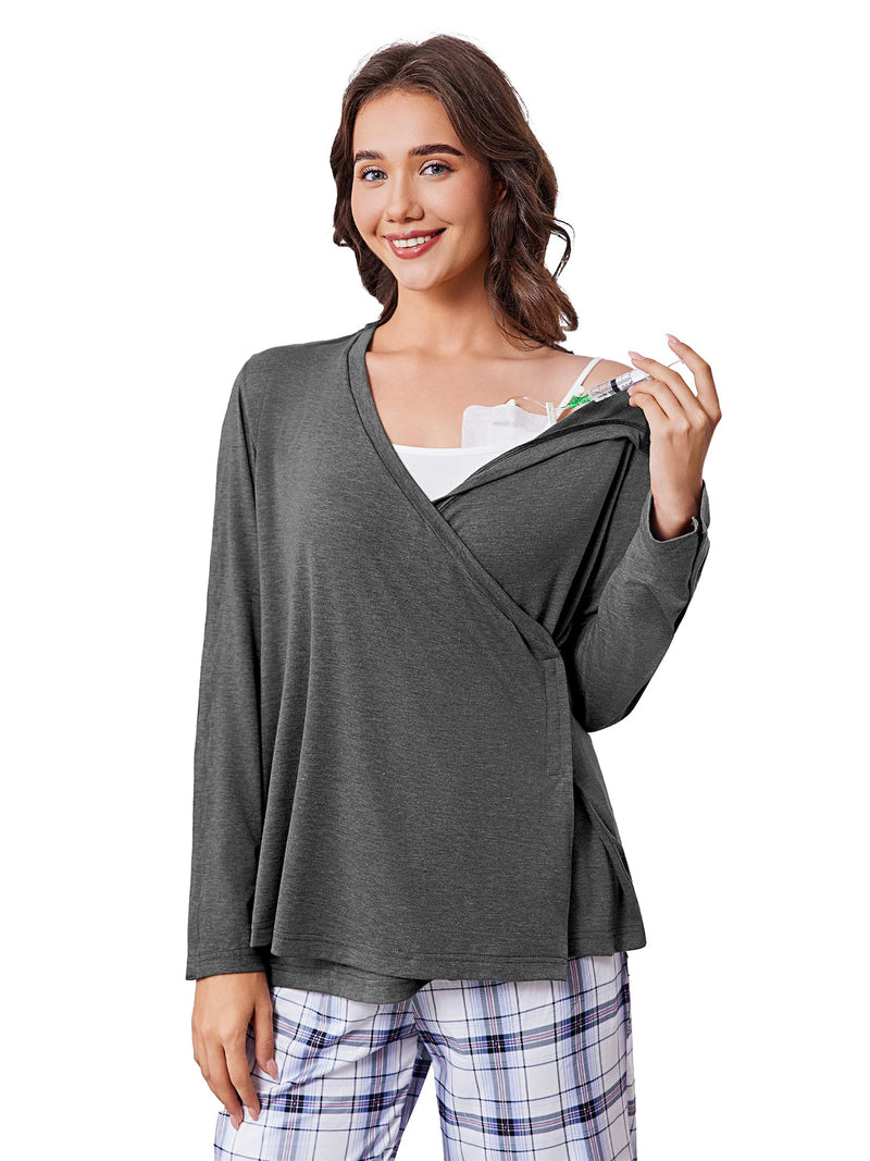 Deyeek Women's Post Shoulder Surgery Shirts Long Sleeve V-Neck Wrap Chemo Blouse Easy Access Adaptive Snap On Dialysis Shirts Dark Grey Medium