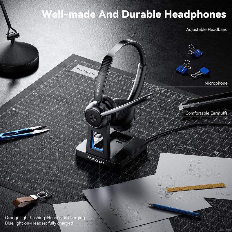 Wireless Headset with Mic for Work, Wireless Headphones with Mic(Noise Cancelling & Mute Button),65H Battery with Charge Base Bluetooth Headset with Microphone for PC/Call Center/Computer/Zooms/Teams Black