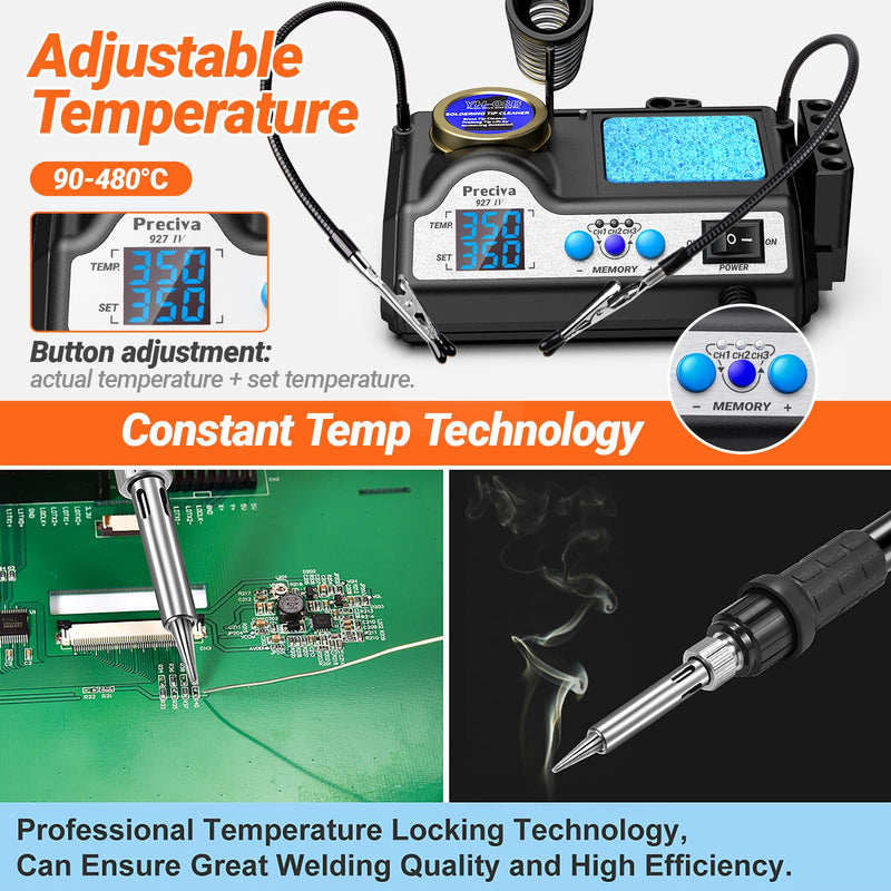 Preciva 927 IV Soldering Station Kit, 130W MAX Soldering Iron with 2 Helping Hands,Magnifying Glass,5 Extra Iron Tips,3 Preset Channels, Adjustable Temperature 194°F to 896°F