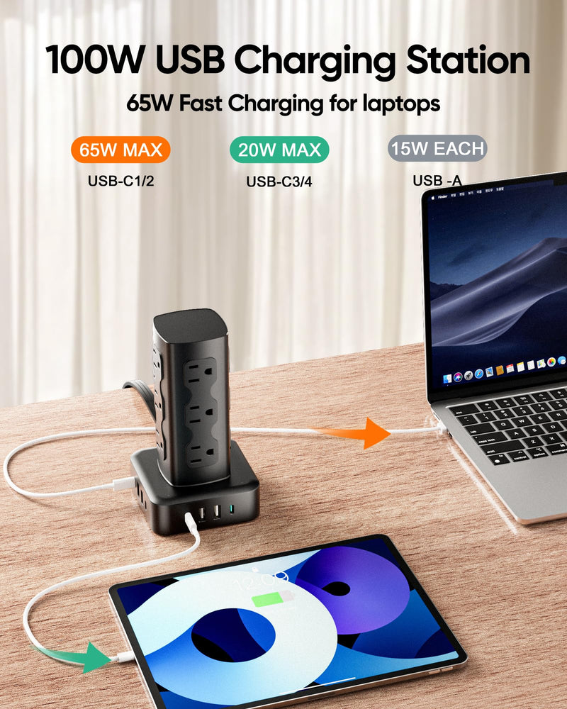 Power Strip Tower, 100W USB Charging Station Tower 12 AC Outlets | 8 USB Ports (4 USB C), 6 Ft Flat Plug Extension Cord with Multiple Outlets, Home Office Dorm Room Essentials, Black