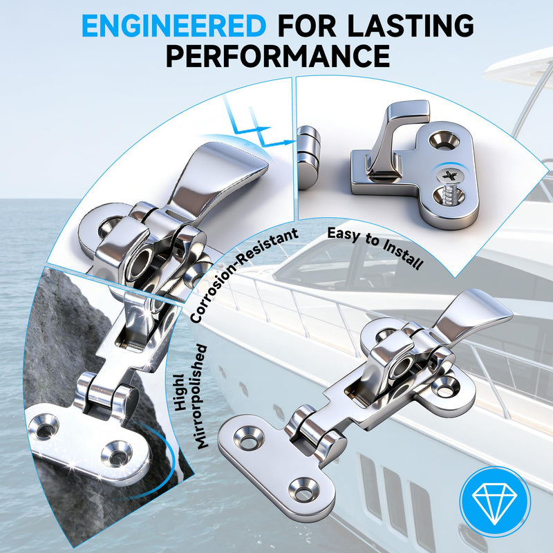 Boat Hatch Latch Marine 316 Stainless Steel Anti-Rattle Boat Door Latches, Heavy-Duty Hold Down Clamp Latches Boat Cabinet Hardware Silver-2P
