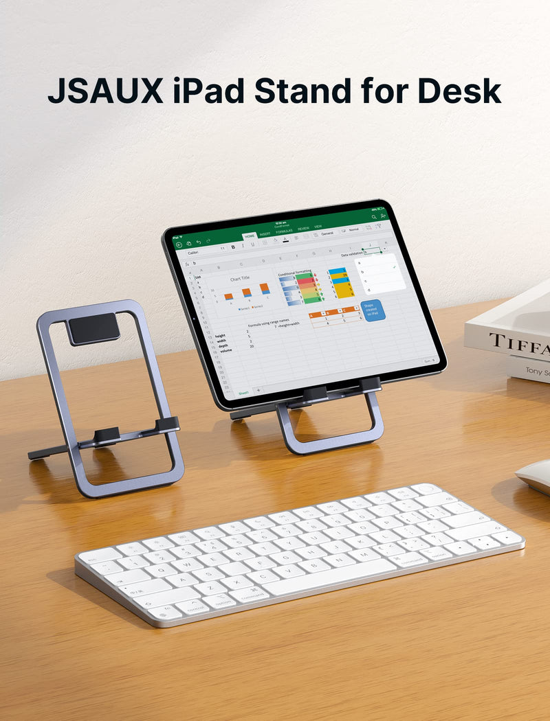 JSAUX Universal Tablet Stand, Portable Foldable Tablet Holder for Desk Compatible with iPad Mini/Air, Samsung Galaxy Tab, Kindle Fire, Steam Deck, Switch, ROG Ally, iPhone and Other Tablets-Gray Gray