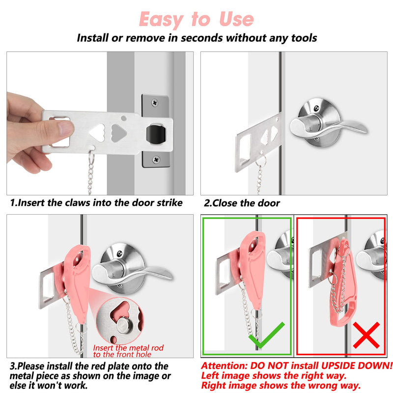 AceMining Portable Security Door Locker Travel Lockdown Locks for Additional Safety and Privacy Perfect for Traveling Hotel Home Apartment College-Pink(2 Pack) 2 Pack