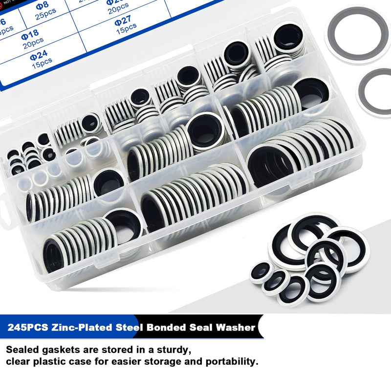 245PCS Bonded Sealing Washers, NBR Metric Zinc-Plated Steel Self-Centred Sealing Rubber Washers, Automotive Seal Gasket Crush O-Ring Assortment Kit Set, Includes Sizes of M6-M30 245PCS Black Seal Washers