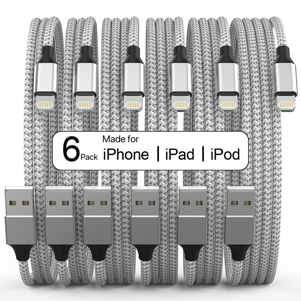 Lightning Cable [Apple MFi Certified] iPhone Charger 6Pack [3/3/6/6/6/10 Ft] Apple Charging Cable Fast Charging High Speed USB Cable Compatible iPhone 14/13/12/11 Pro Max/XS MAX/XR/XS/8-Silver&Grey Silver&Grey