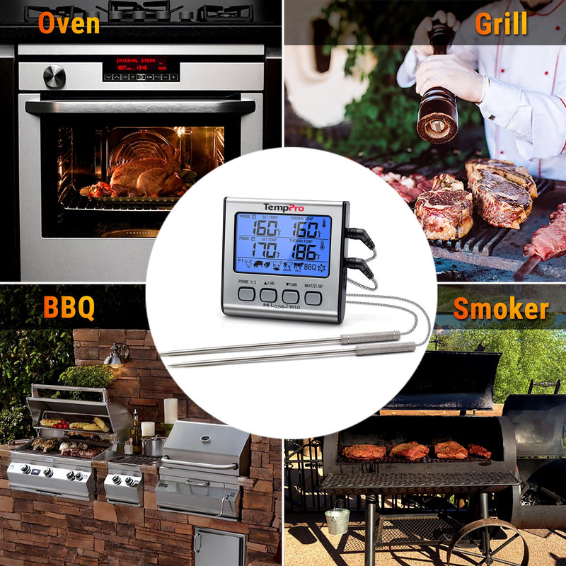 TempPro TP17 Dual Probe Digital Cooking Meat Thermometer Large LCD Backlight Food Grill Thermometer with Timer Mode for Smoker Kitchen Oven BBQ, Silver (Previously ThermoPro) 2-probes