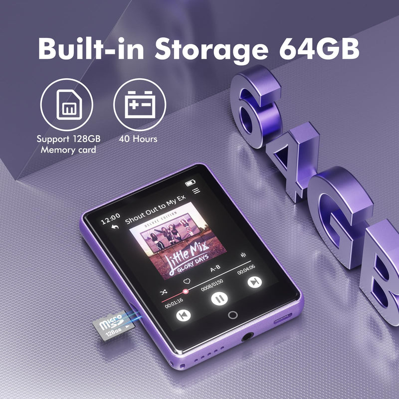 64GB MP3 Player with Bluetooth 5.3, 2.8 Inch Touch Screen,Built-in Speaker | HiFi Sound, Portable Music Player for Kids,Recording,FM Radio,Random sequential Folder Play, Expandable up to 128GB Purple 64GB