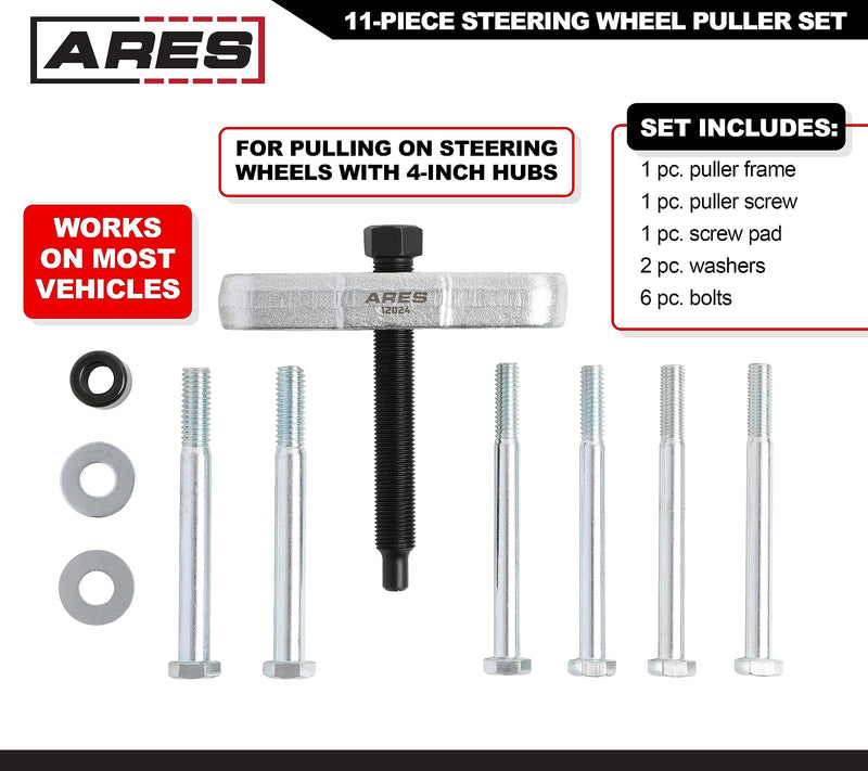 ARES 12024-11-Piece Steering Wheel Puller Set - Use on Vehicles with 4-Inch Hubs - Tempered Drop Forged Steel Construction 11-Piece Steering Wheel Puller Set