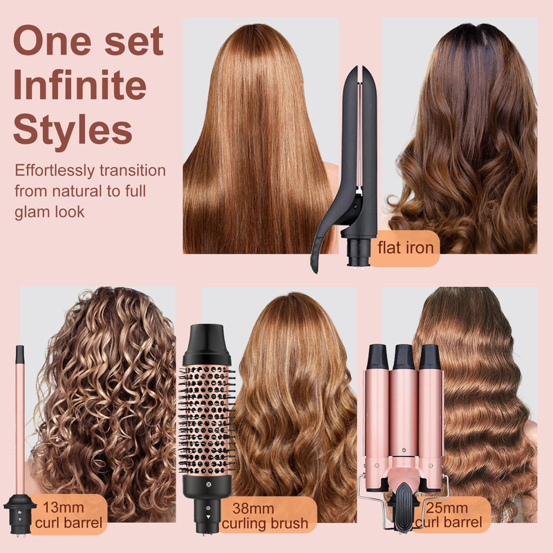 UNOBEY Thermal Brush 4 in 1 Curling Iron Wand Set with 3 Barrels Hair Waver | 9mm Curling Iron Ceramic Heated Round Brush Hair Straightener for Long & Short Hair Curler Tools, Dual Voltage