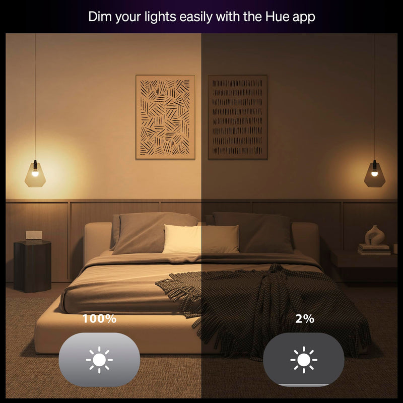 Philips Hue Essential Smart LED A19 Bulb 4-Pack, White and Color Ambiance, E26, 7.2W, 2200K-6500K, 800 Lumens, Dimmable LED Bulbs, Works with Alexa, Google Assistant, Apple Home 4 Pack