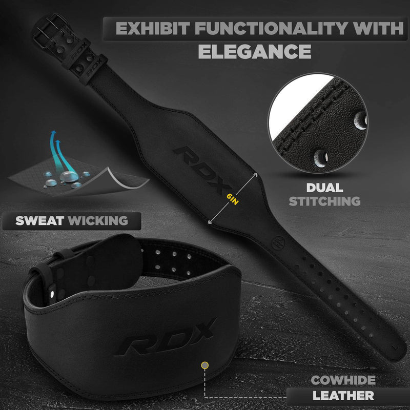 RDX Weight Lifting Belt Gym Fitness, Cowhide Leather, 4” 6” Padded Lumbar Back Support, 10 Adjustable Holes, Weightlifting Powerlifting Bodybuilding Deadlift Squat Workout Strength Training, Men Women Black 6 Inch XL Fits 32 to 37 Inches