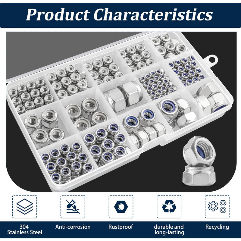 SAE & Metric Nylon Insert Lock Nuts Kit(348Pcs),6#32 8#32 10#24 10#32 1/4-20 5/16-18 3/8-16 1/2-13 M3 M4 M5 M6 M8 M10 M12 304 Stainless Steel Locknuts Sets SAE and Metric Locknuts, 348 Pcs