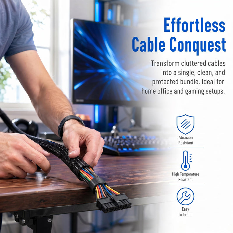 32ft 1" Expandable Cable Sleeving, Braided PET Wire Cover Cord Management | Black PET Braided Flexible Cable Sleeve, Anti-Scratch Wire Loom for Automotive Wire Harness Hydraulic Hose 32ft - 1"