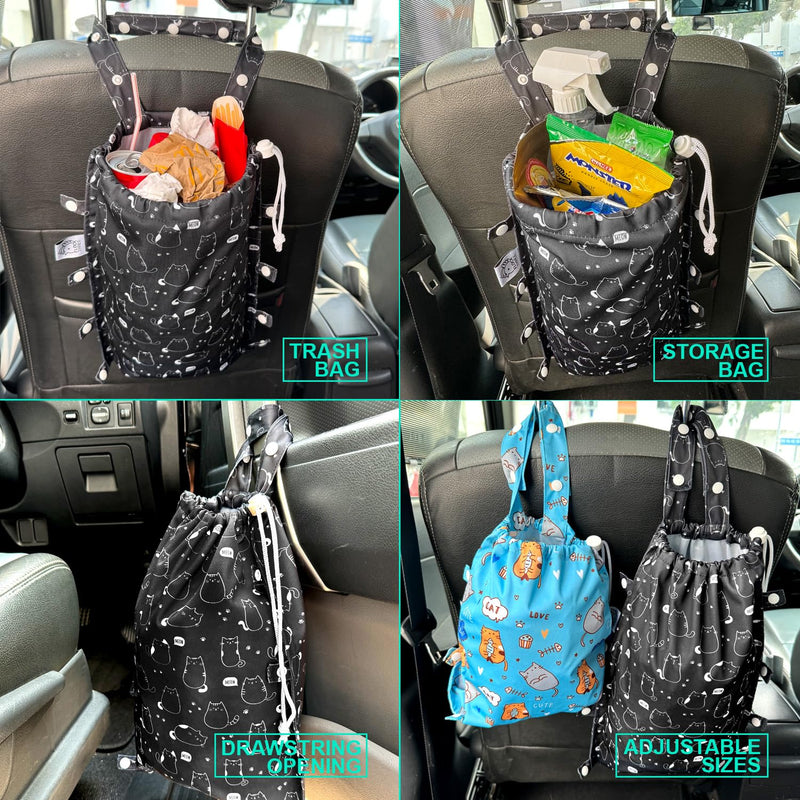 FLOCK THREE Leak-Proof Waterproof Car Trash Bag Foldable Multipurpose Trash bin Container Storage Cute Grocery Organizer Bag for Automotive Front or Back Seat in Cars SUVs and Trucks (Cute Cats) Cute Cats