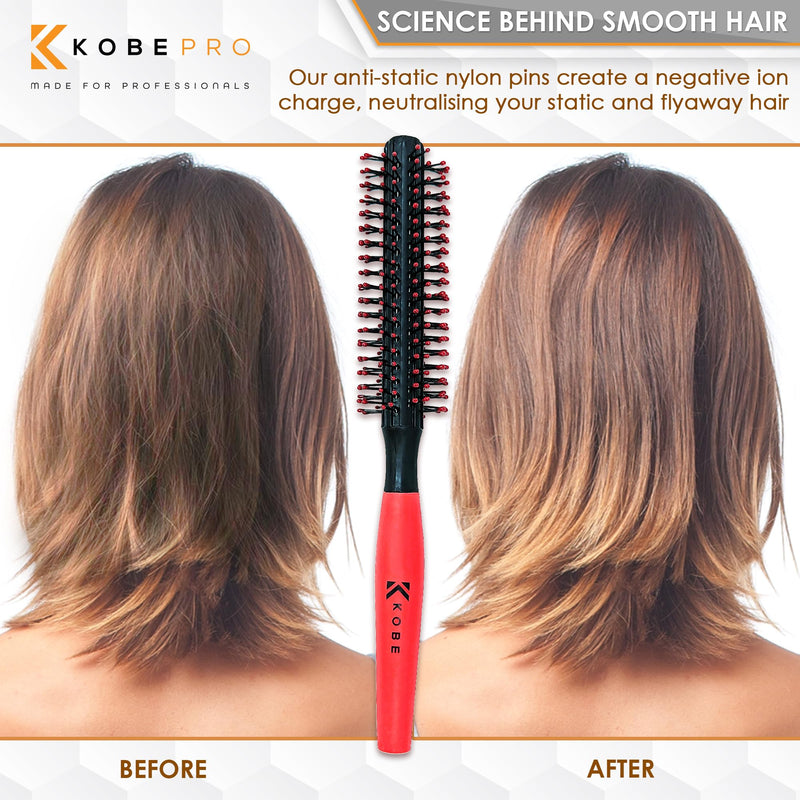 Kobe Professional Small Round Hair Brush and Quiff Roller for Men | 15mm 8-Row Double Bristles | Comfort Ball-Tipped Pins, Non-Slip Rubber Grip, Anti-Static Volumising Styling Tool Barber Supplies Red