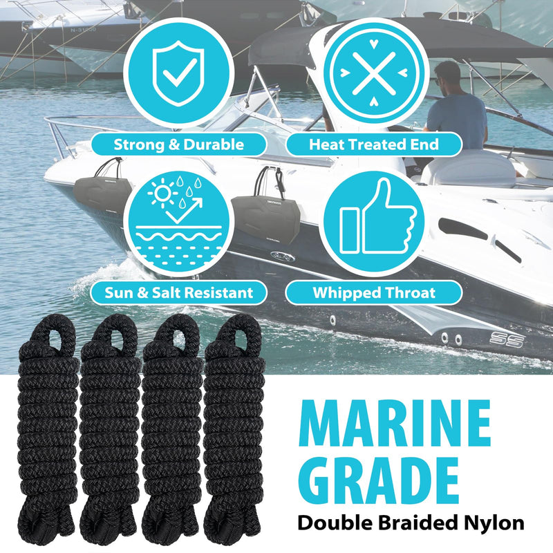 Obcursco 4 Pack 3/8" x 6FT Boat Fender Lines - Marine Grade Double Braided Nylon Rope with 5" Eyelet for Tying Bumpers & Docking, Fray Resistant, Black