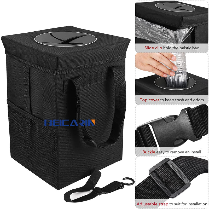 Car Trash Can with Lid - Trash Bag Hanging with Storage Pockets Leak-Proof SUV Organizer Collapsible and Portable Waterproof Truck Garbage Bin, 2.6 Gal Large Capacity Multipurpose Trash Bin for Van