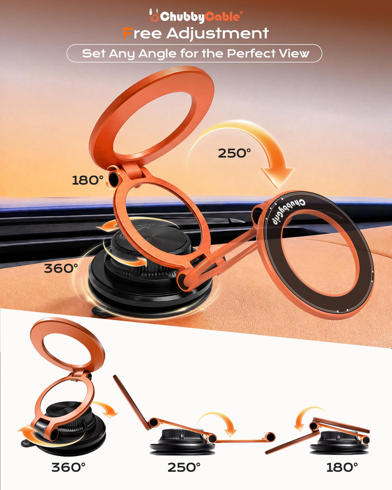 chubbycable Magnetic Car Phone Holder 360° Rotation with Vacuum Base | Foldable design with ultra-strong magnetic hold, vacuum suction base, compatible with MagSafe iPhone 12-17 series and Android Vacuum Base-Orange 1 Pack