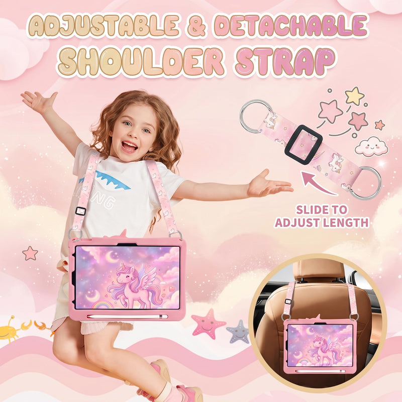Cute 3D Cartoon Kids Case for iPad Air 11 Inch (M4/M3/M2), Air 5th/4th 10.9" & Pro 11" (1-4th Gen Only) Silicone Cover with Pencil Holder, 360 Stand, Strap, with Unicorn Pattern, Pink For iPad Air 11" M4/M3/M2/5/4 & Pro 11" 4/3/2/1