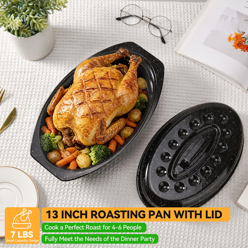 13” Roasting Pan, Turkey Roasting Pan, Small Oval Roaster Pan With Lid For 7 Lb Turkey, Chicken, Lamb, Beef, Vegetables, Casserole, Bread 13"