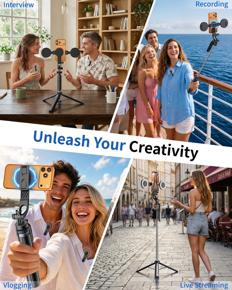 Vlogging Kit for iPhone,63" Magnetic Tripod for iPhone with 2 Light & 2 Mic | Magnetic Selfie Stick Phone Tripod with Light for Content Creator Essentials/YouTube Starter Kit/TikTok/Video Recording/Live