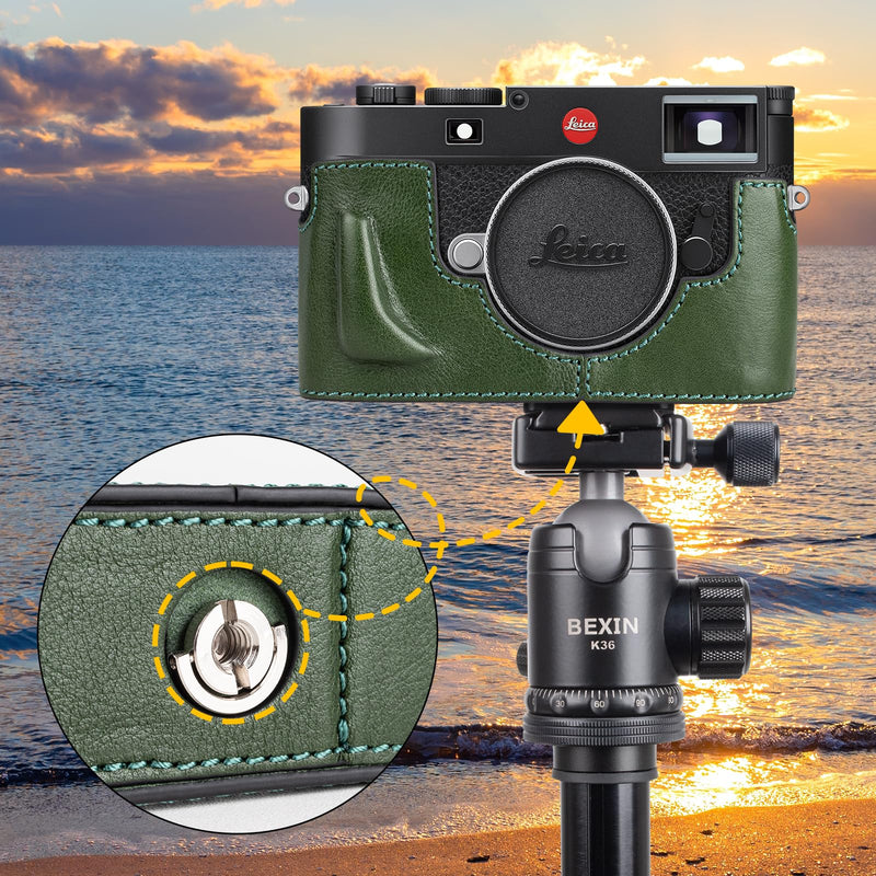 MUZIRI KINOKOO Case for Leica M11 M11-P M EV1, Premium Genuine Leather Protective Half Case for Leica M11/M11-P/M-EV1 Camera, with Hand Grip and Opening Bottom Design - Green
