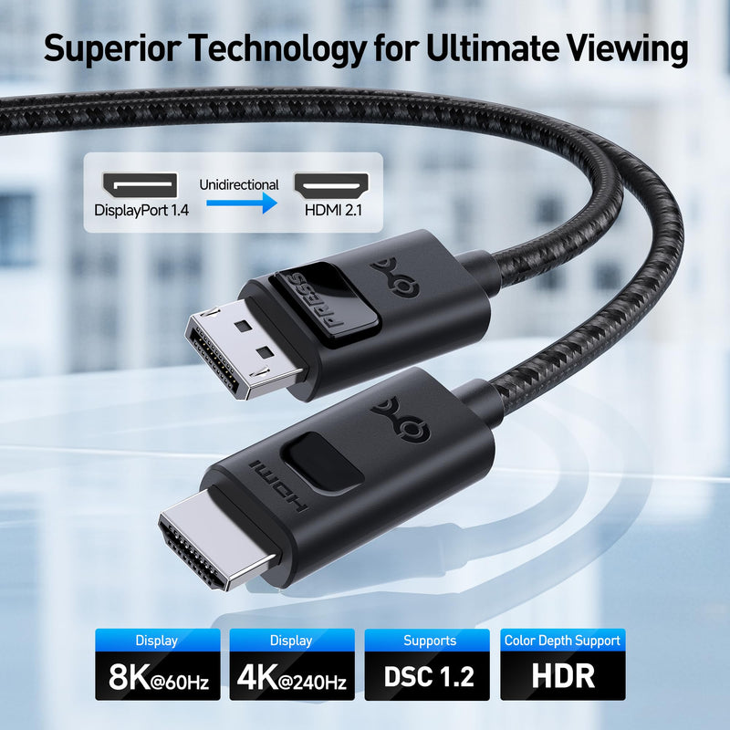 Cable Matters Uni-Directional 8K DisplayPort to HDMI 2.1 Cable - 6ft, with 4K 240Hz / 8K 60Hz, Display Port to HDMI 2.1 Cable, Supports RTX4080, RX7900, Not Work with PS5/Xbox, No VRR Support