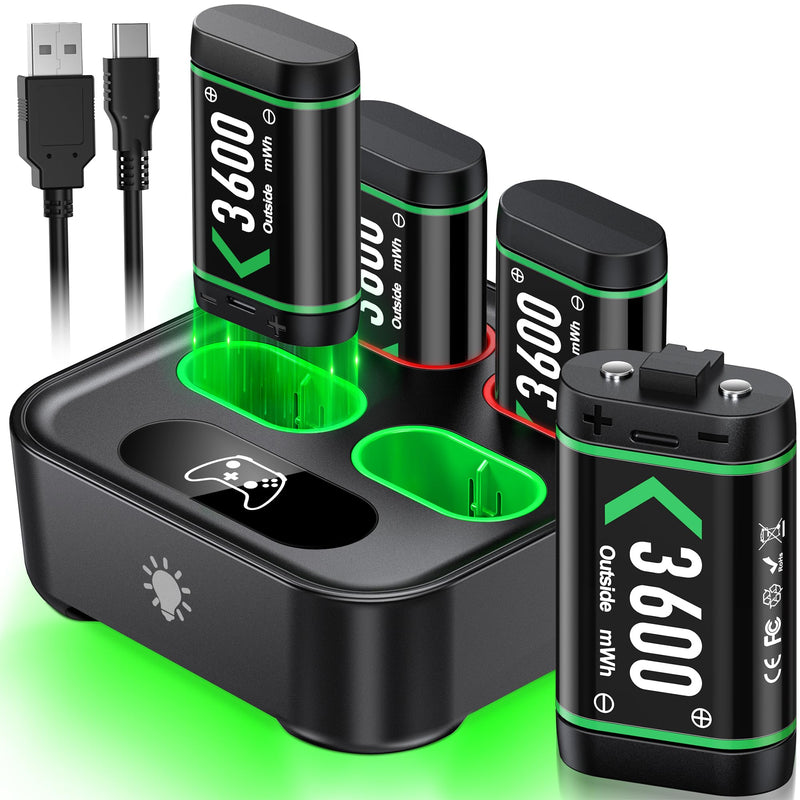 Upgraded Fast Charging Rechargeable Battery Packs with Light Control, 4 x 3600mWh Xbox Controller Batteries with Battery Charging Dock/Station for Xbox One/Xbox Series X|S, Xbox One S/X/Elite(1500mAh) Large