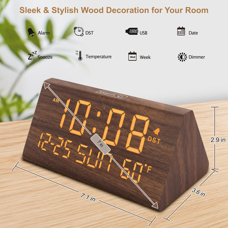DreamSky Digital Alarm Clocks for Bedrooms - Wooden Desk Clock with Date, Day of Week, USB Port, Temperature, Dimmer for Bedside Table, Living Room, Office, Adjustable Volume, Auto DST, Wood Decor Brown - Date & Day