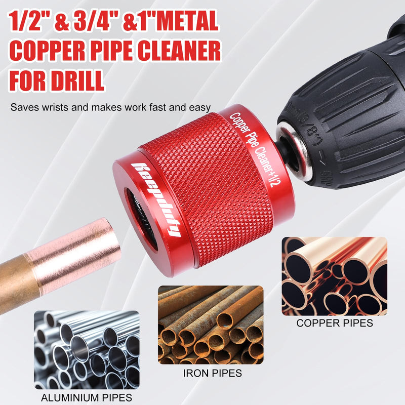 1/2" & 3/4" & 1" Copper Pipe Cleaner for Drill, with 1/4" Hex Shank & 6 Brush Blades & 6 Pipe Cleaning Brushes, Plumbing Tools for Removing Rust, Stains & Paint on Copper & Metal Pipes (Red) 3Pcs-Aluminum Alloy